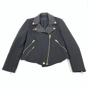 Zara Leather Collar Biker Jacket Size Large Womens Solid Black Gold Hardware L